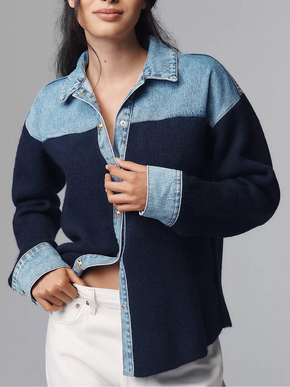 Anthropologie Pilcro Mixed Media Sweater Denim Jacket in Navy Blue
